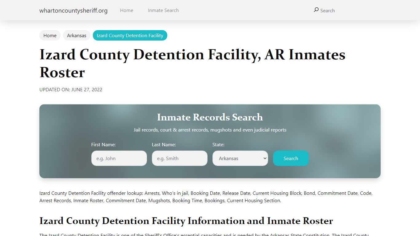 Izard County Detention Facility, AR Jail Roster, Name Search